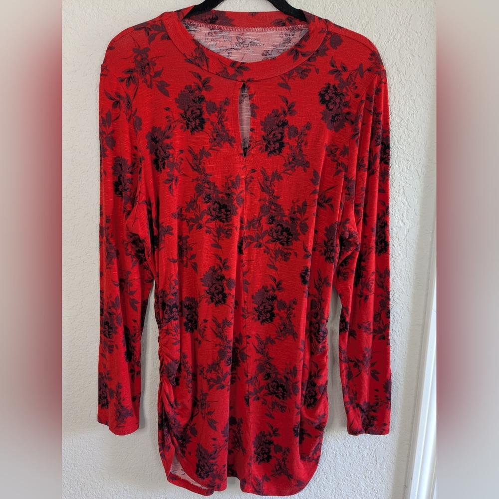 Lane Bryant Long Sleeve Knit Tunic Top Red Purple Floral Keyhole Front 22/24